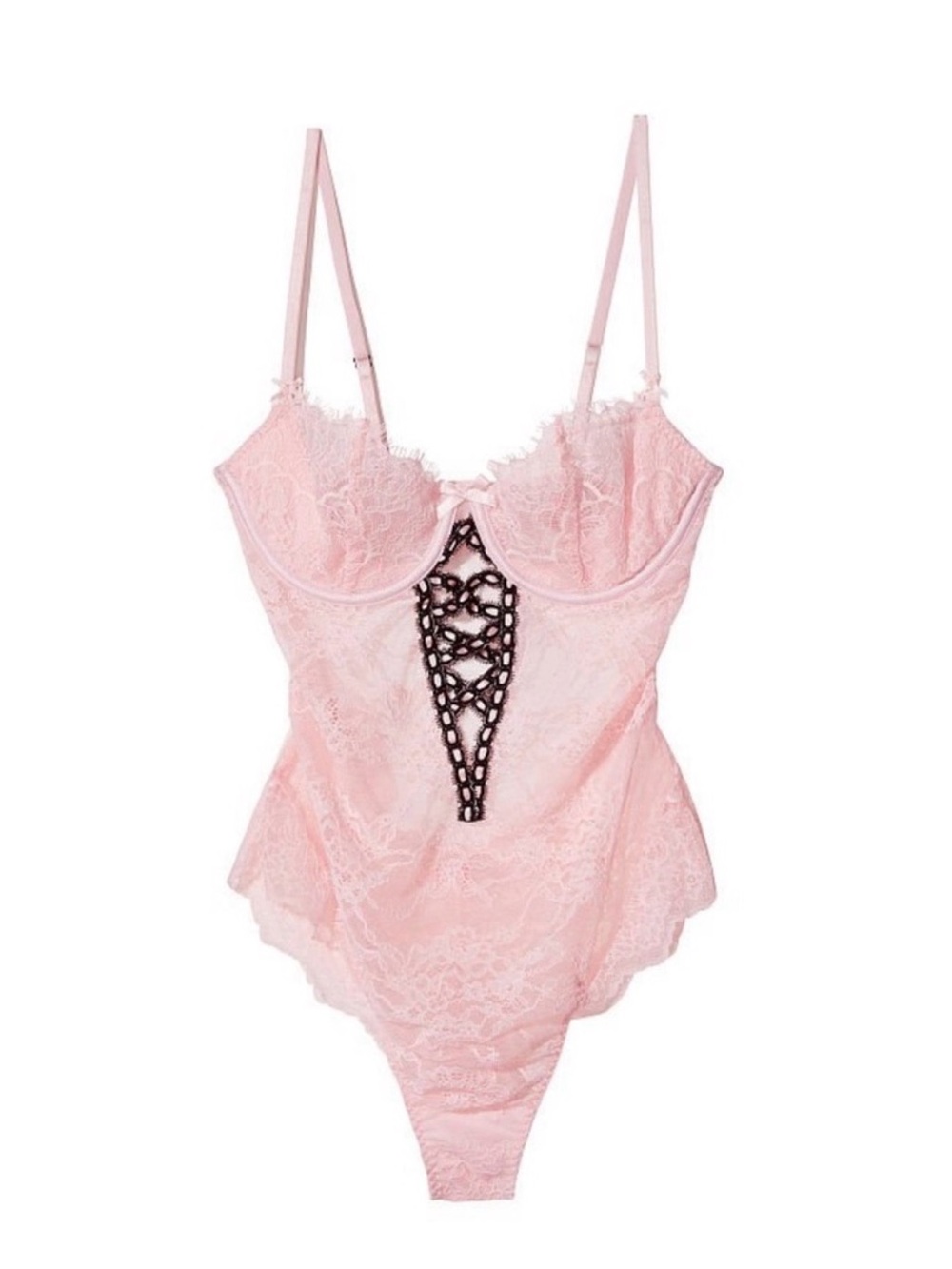 Victorias Secret Delicate Pink Lace Bodysuit with Black Ribbon Trim